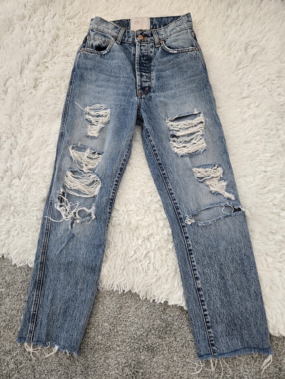 Revice Denim Ex-Boyfriend high-rise straight-leg heavily distressed jeans. Size